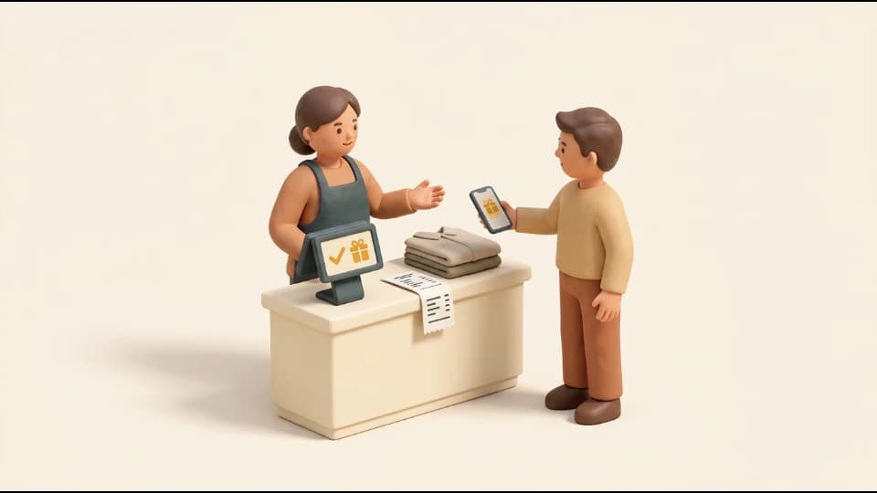 A customer presents a phone reward while a shopkeeper checks it at the counter.