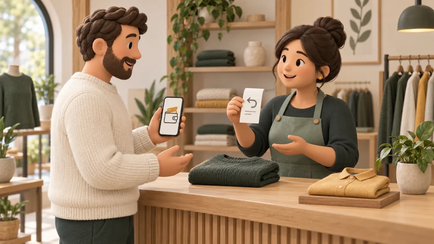 A customer and merchant review available store credit at the counter.