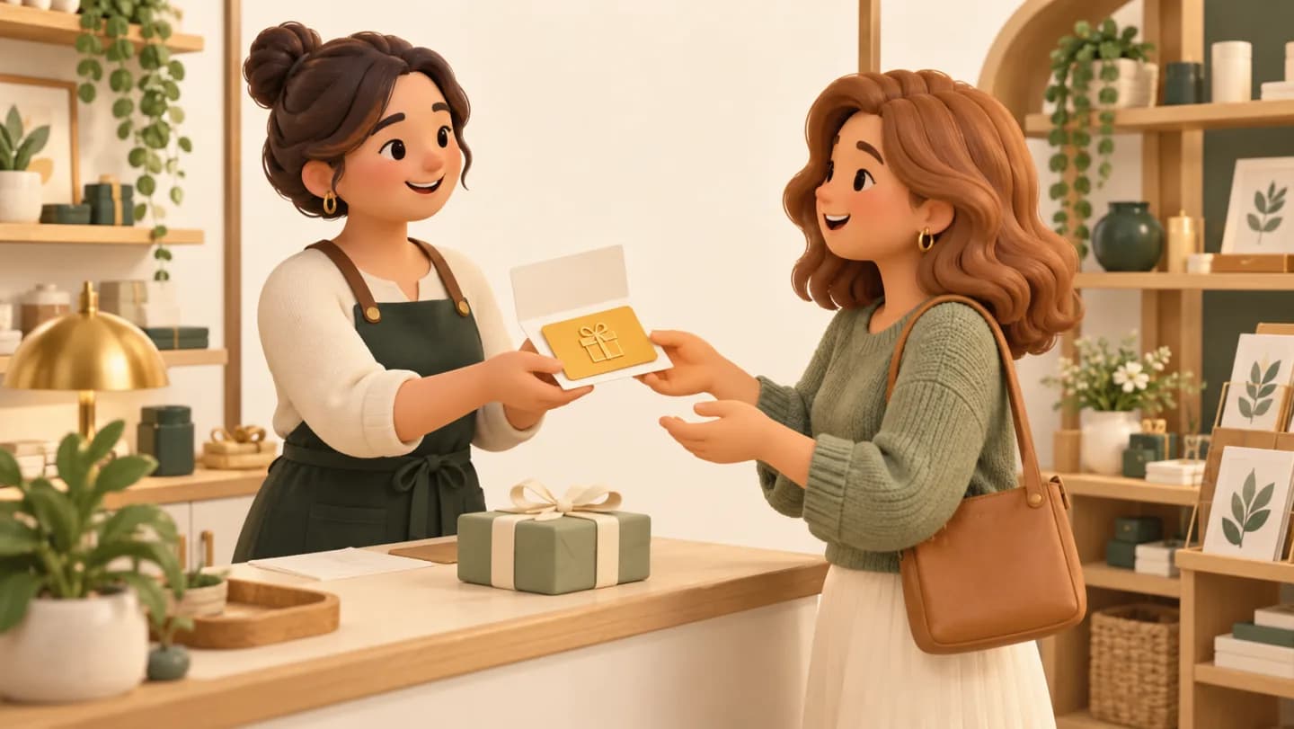 A shopkeeper presents a gift card in an open sleeve to a customer.