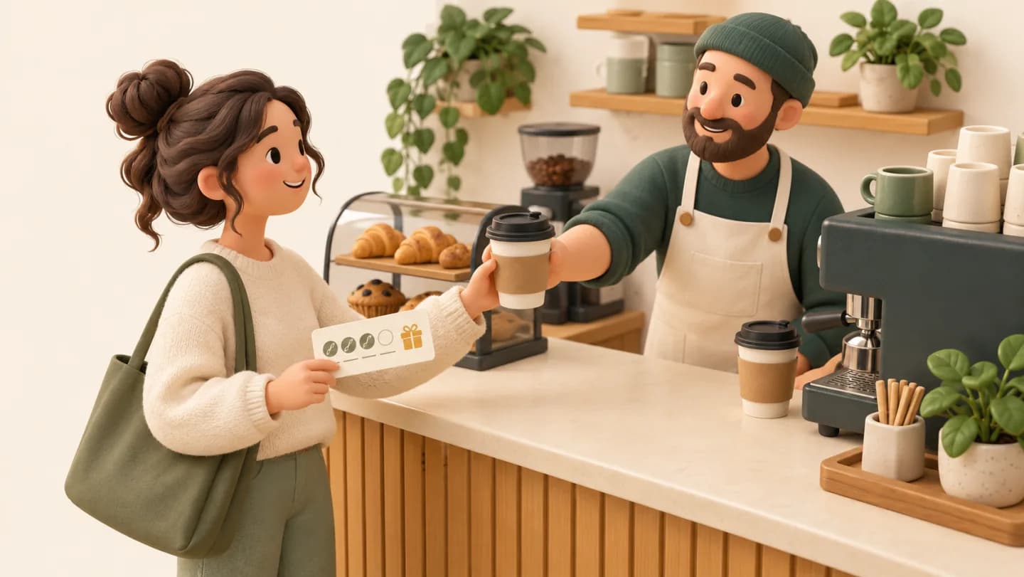 A regular customer receives coffee while holding a loyalty card.