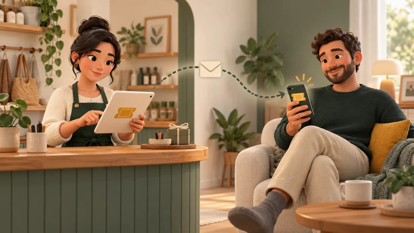 A business owner sends an invitation while a customer reads it on a phone.