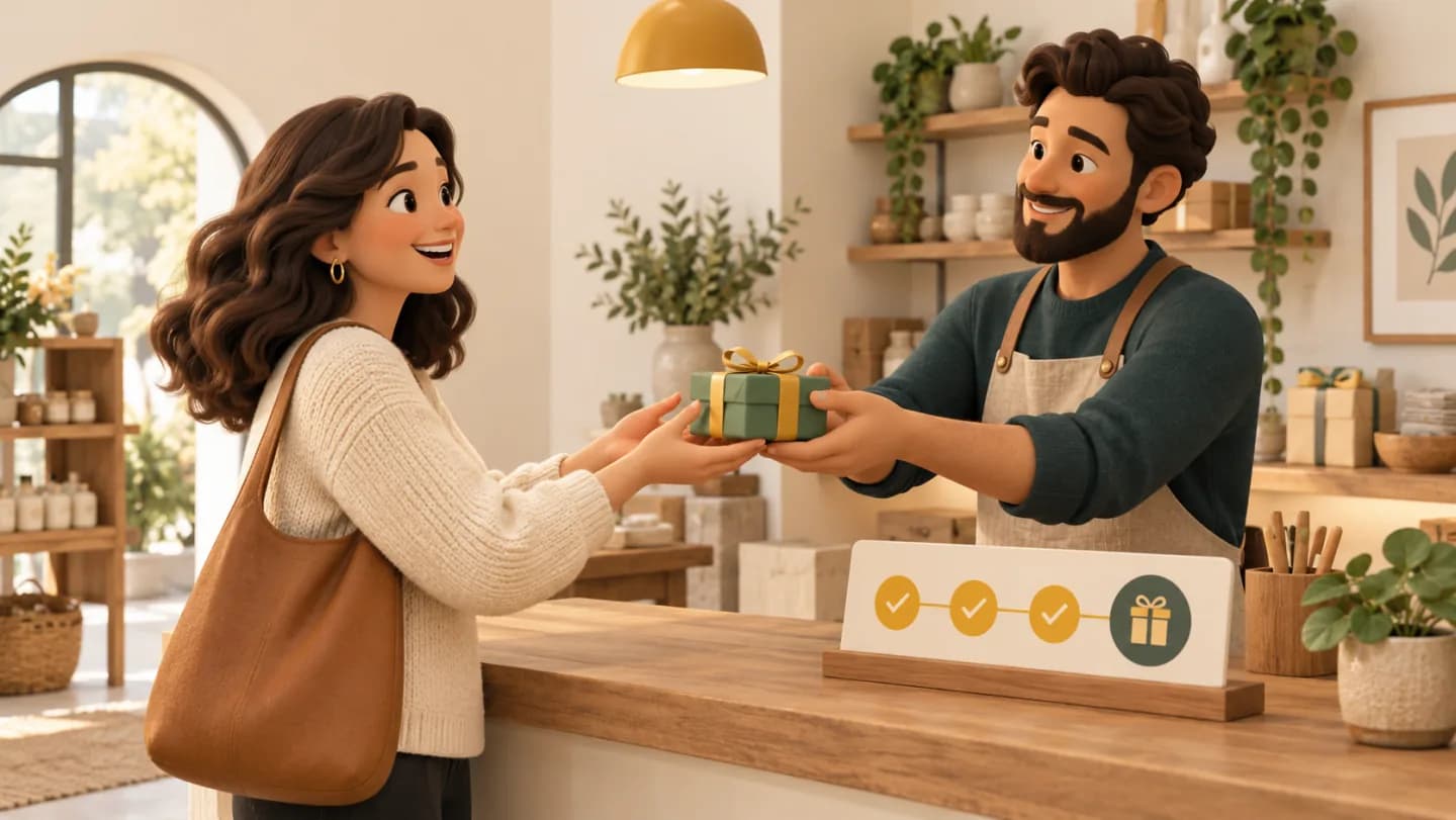 A customer completes a goal and receives a benefit from a shopkeeper.