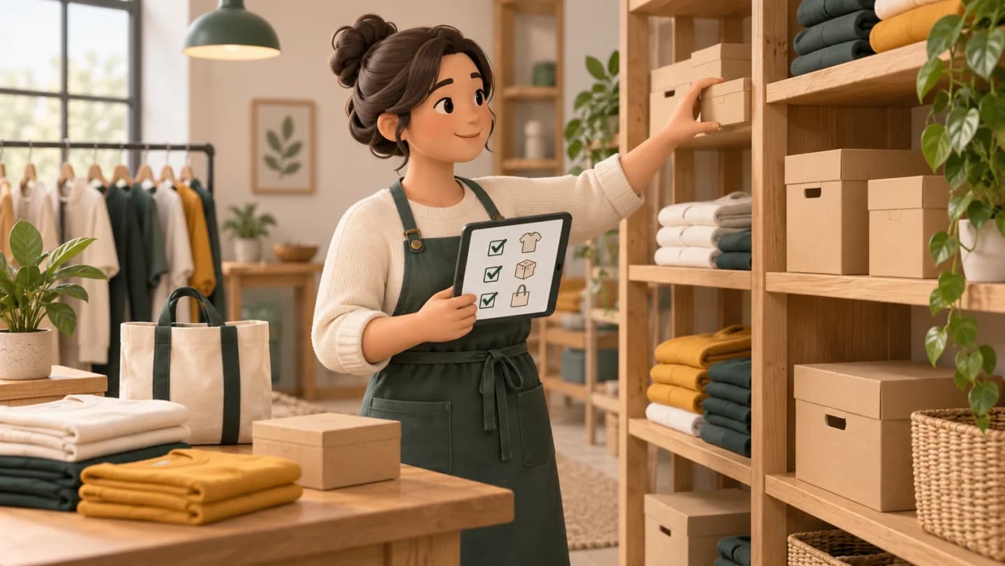 A merchant organises products on a shelf and checks business records.