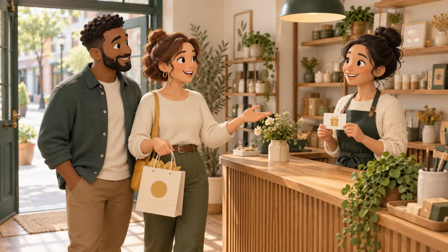 A regular customer introduces a friend to a shopkeeper.