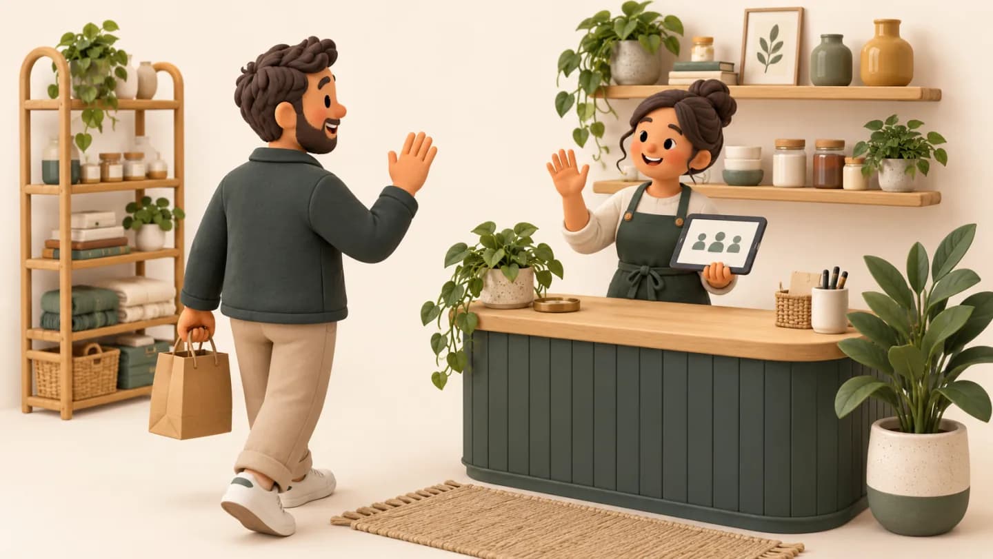 A shopkeeper welcomes a regular customer at a shop counter.