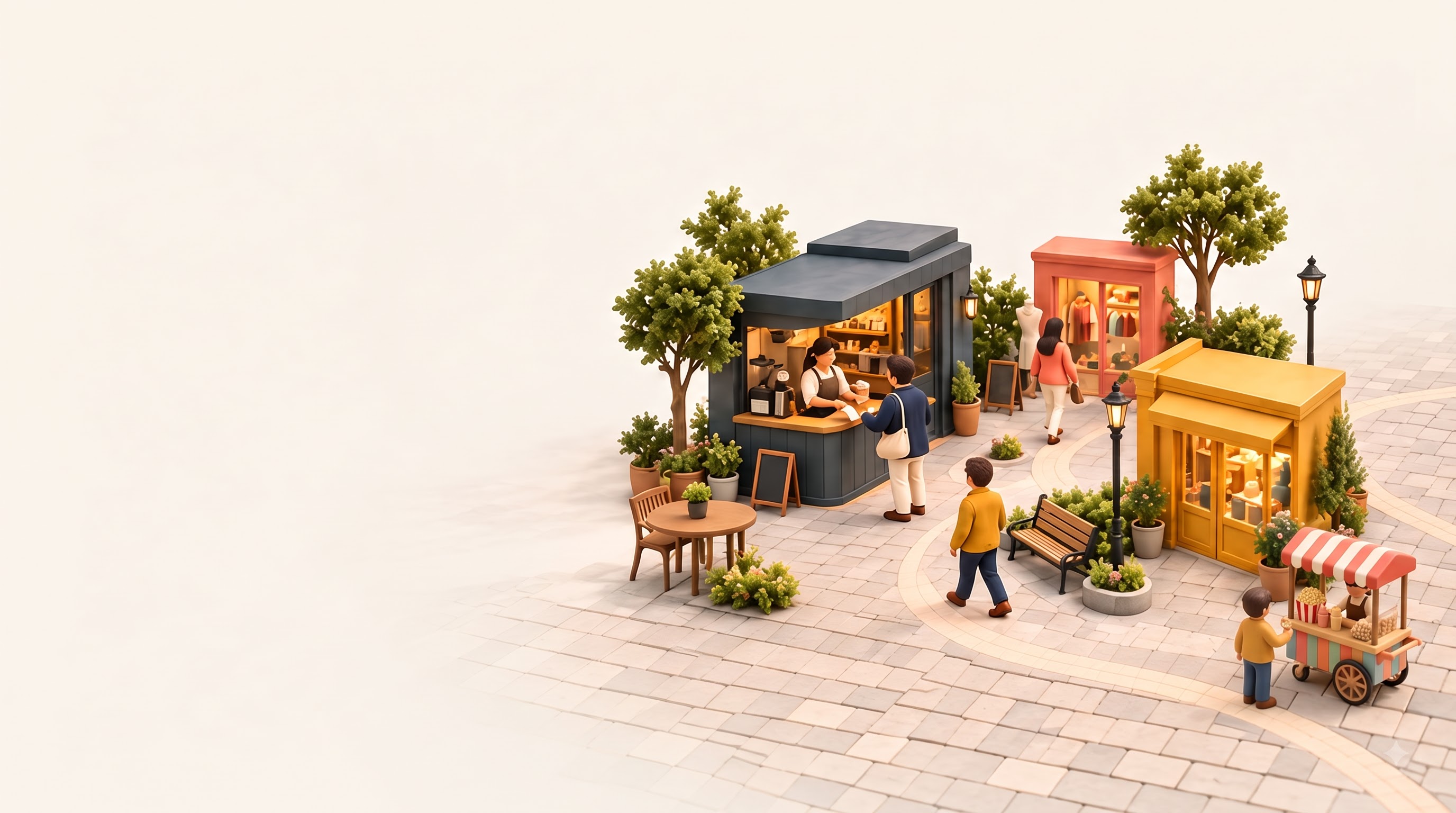 A miniature marketplace with a café, fashion shop, neighbourhood store and a popcorn stall
